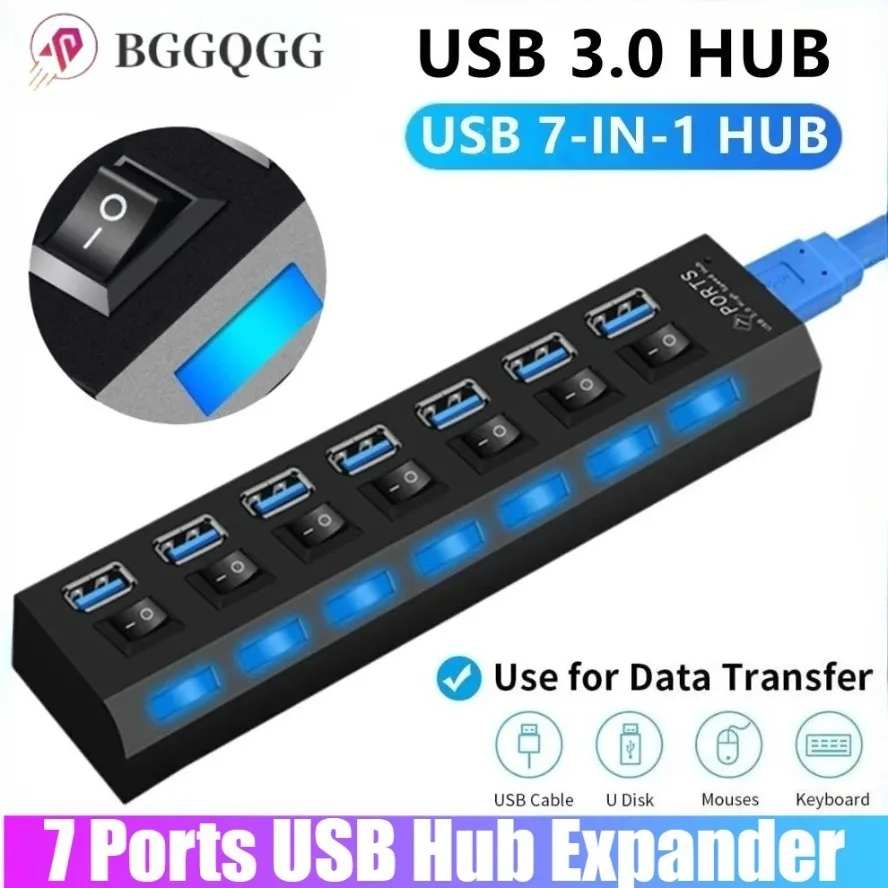 Фото USB-концентратор 3.0 2.0 Адаптер-расширитель Высокоскоростной 7-портовый разветвитель нескольких USB-разветвителей с несколькими USB-удлинителями со светодиодной лампой для ПК, ноутбука №1