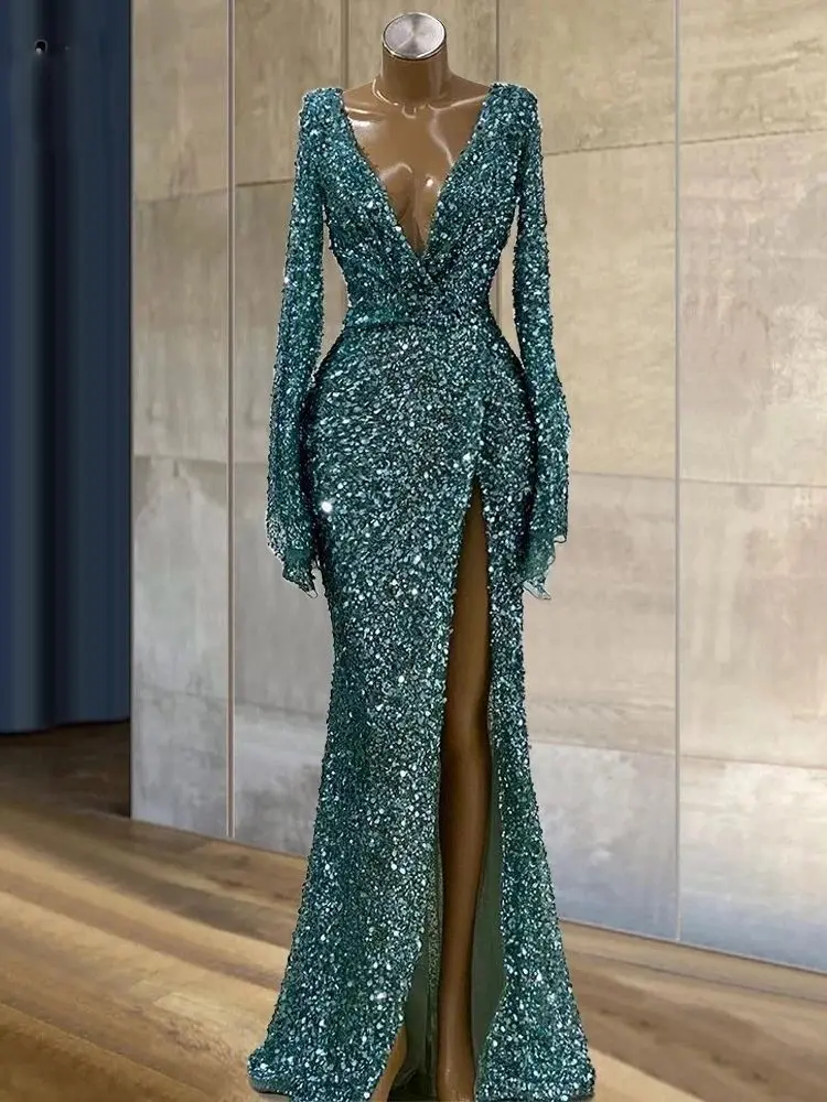 

Зеленое платье с блестками с длинным рукавом и глубоким V-образным вырезом, платье для выпускного вечера, привлекательное облегающее блестящее бархатное вечернее платье с разрезом сбоку