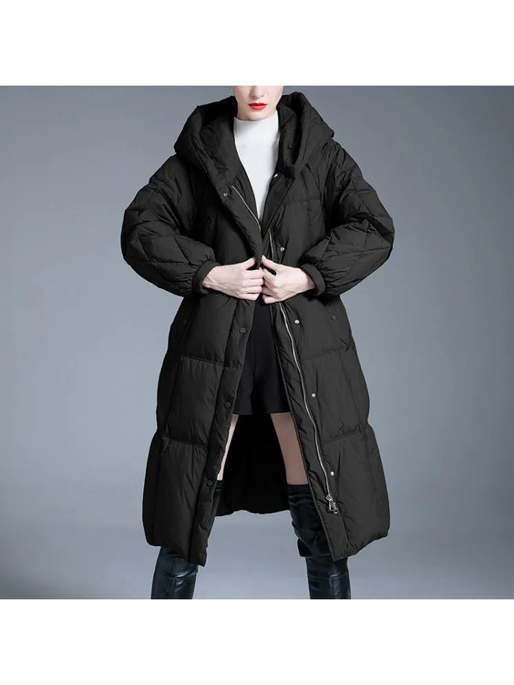 European 2022 Winter High End Long Hooded Thicked Loose Black 90 White Duck Down Coats Women Lace Up Bread Cloth Warmer Jackets