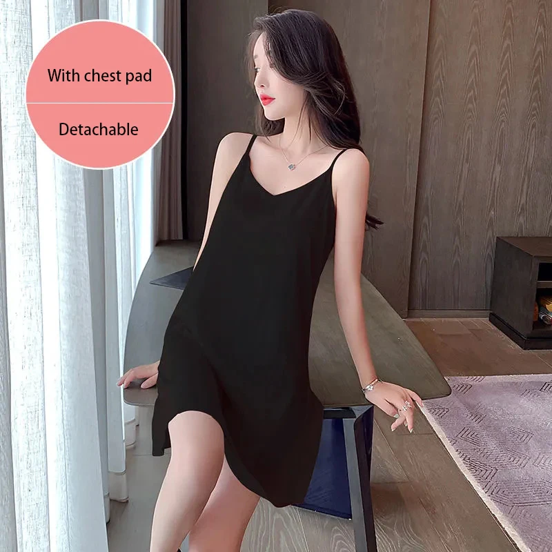 Small Suspender Nightdress Women'S Summer Thin Ice Ribbon Chest Pad Silk Sexy Hot Red Korean Version Vest Pajamas Dress