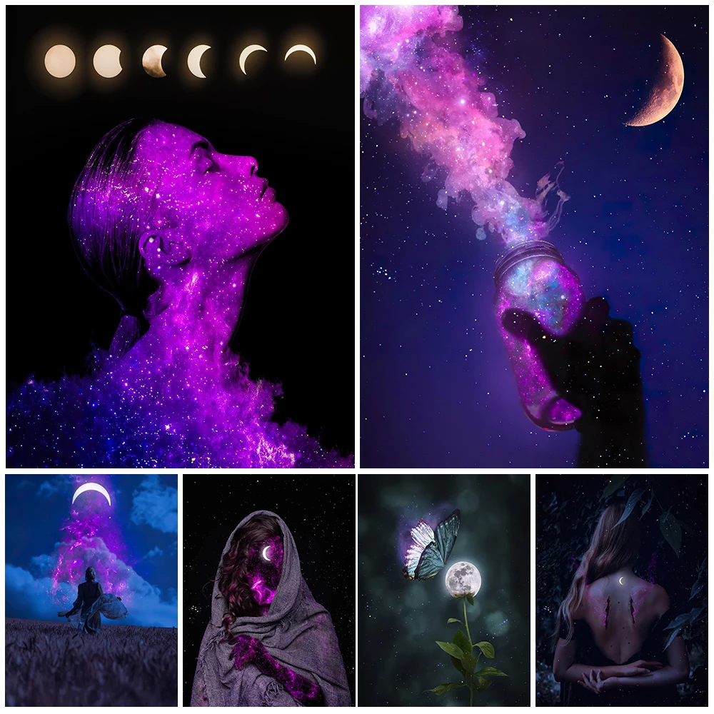 

The Witchcraft And Magic Of The Moon Art Poster Print Magic Skeleton,Snake And Butterfly Mysterious Element Wall Art Print Decor