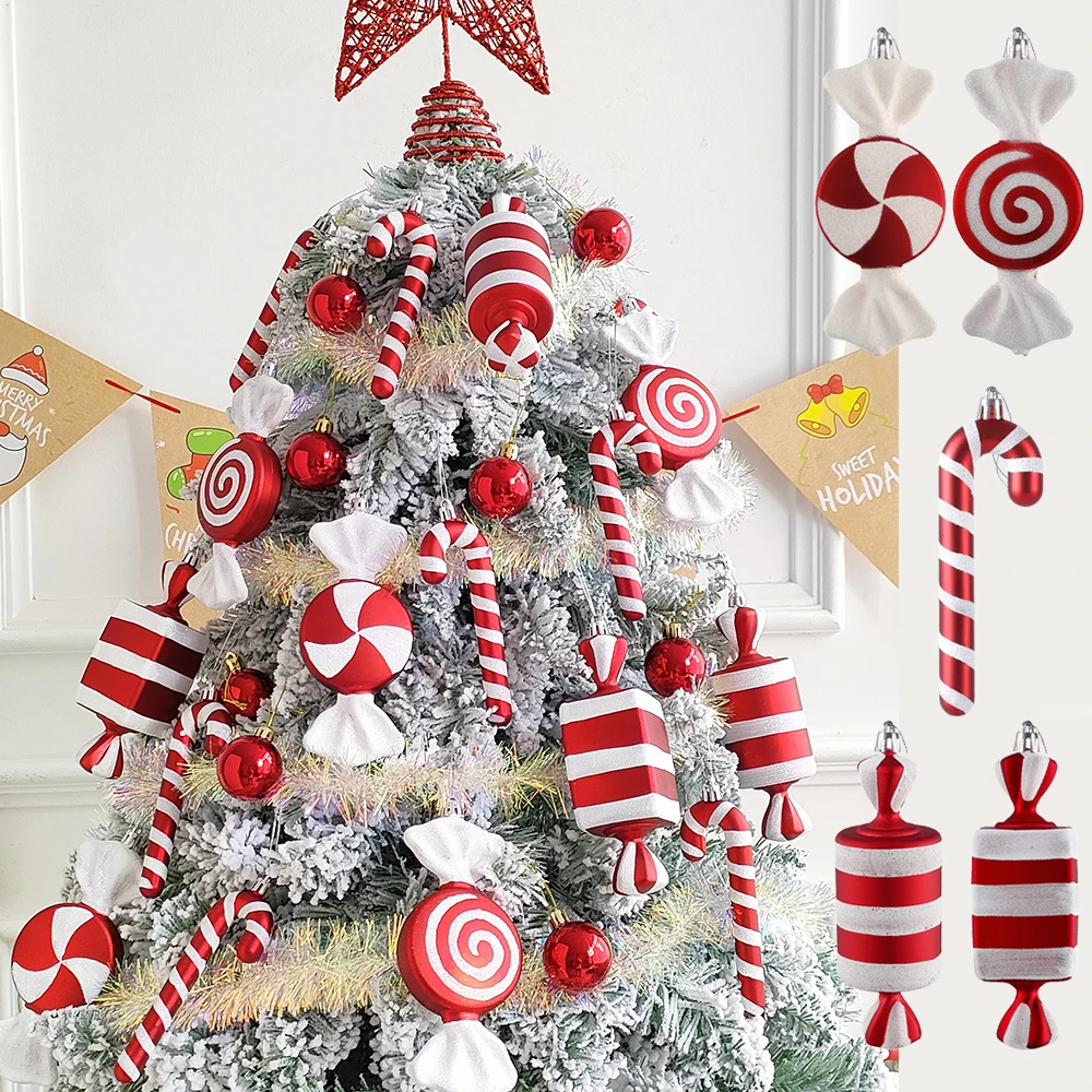 

12/14pcs Christmas Theme Red White Stripe Cane Candy Windmile Lolipop Xmas Tree Hanging New Year Home Navidad Party Decoration
