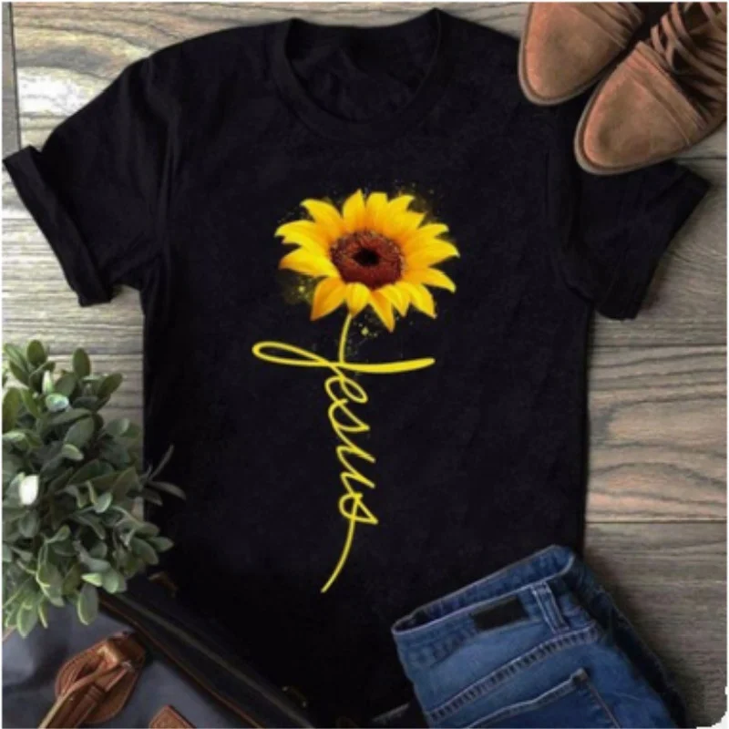 

Summer new fashion casual simple flower print round neck T-shirt