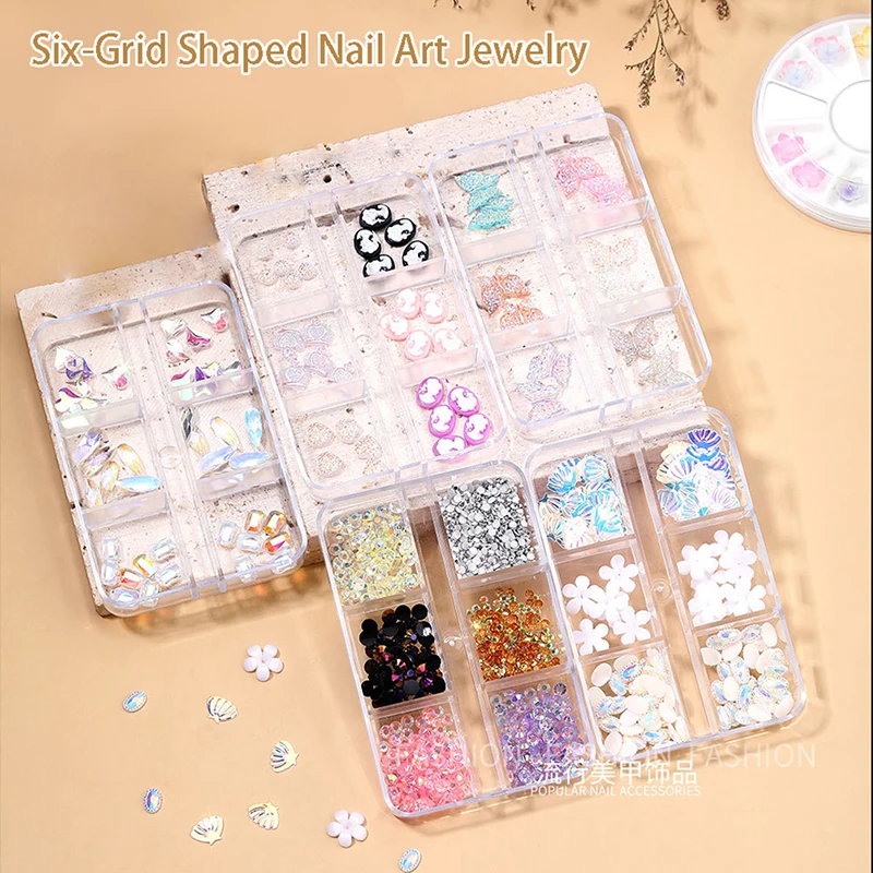 

6 Grid Mixed Nail Art Jewelry Baroque Head Resin Flat Bottom Shaped Diamond Butterfly Flower Nail Decoration Accessories