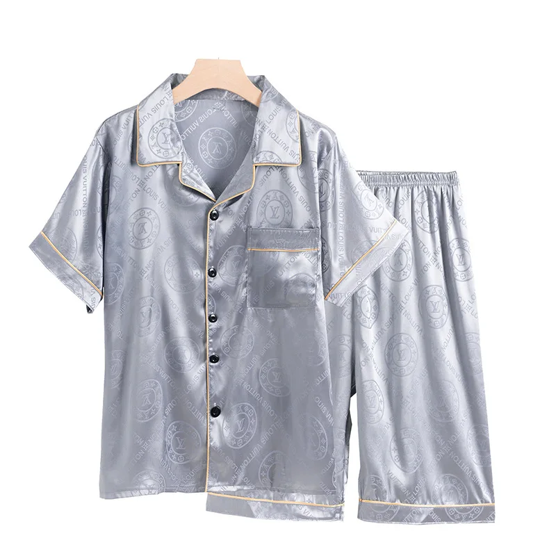 Men's Summer Short-Sleeved Shorts Two-Piece Ice Silk Thin Pajama Suit, Celebrity Hot Selling Imitation silk Loungewear Sets