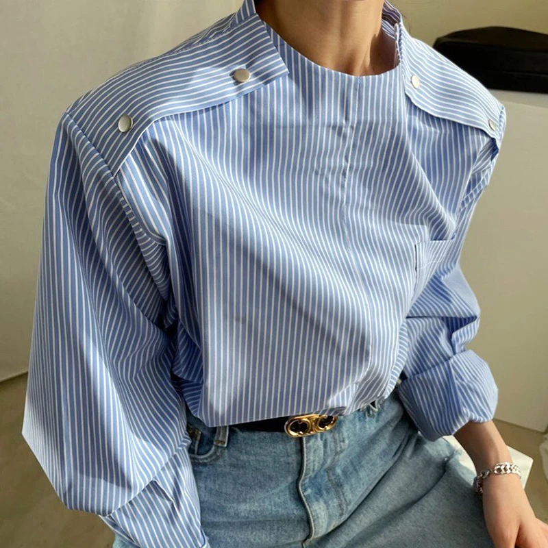 

WDMSNA полосатая рубашка с рукавами-фонариками, Женская Корейская шикарная Весенняя блузка с воротником-стойкой и металлическими пуговицами, свободные блузки с карманами для женщин