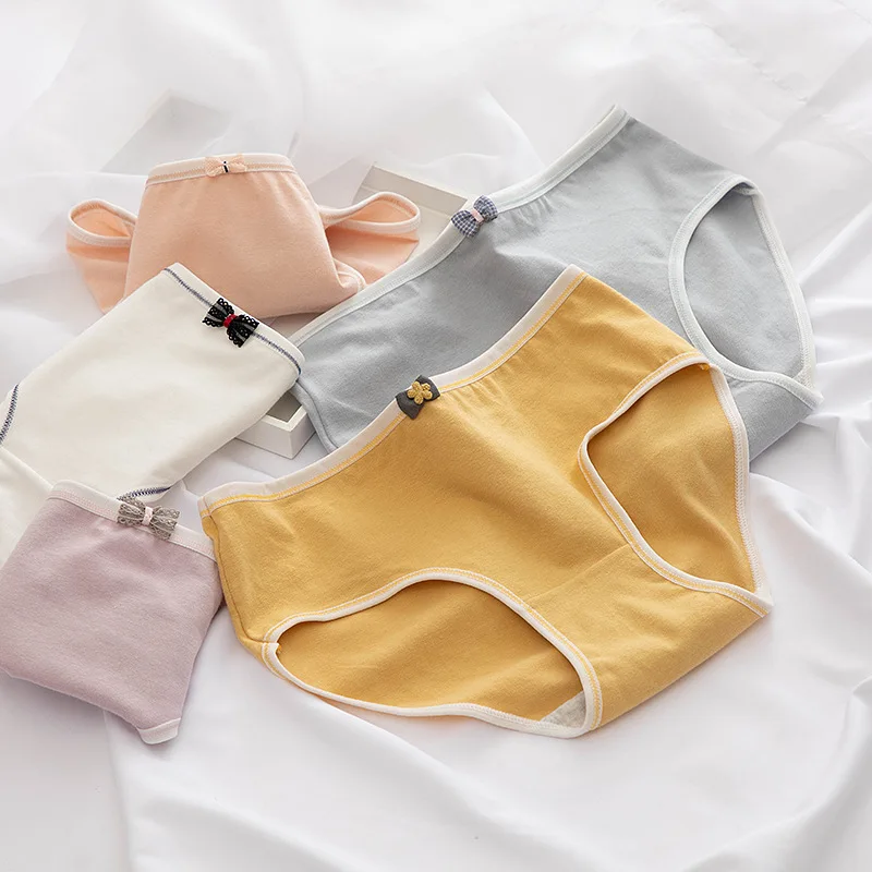 

5pcs New Bow Japanese Morandi Simple Girl Cotton Crotch Briefs Light Comfortable Breathable Female Midriff Sweet Student Panties