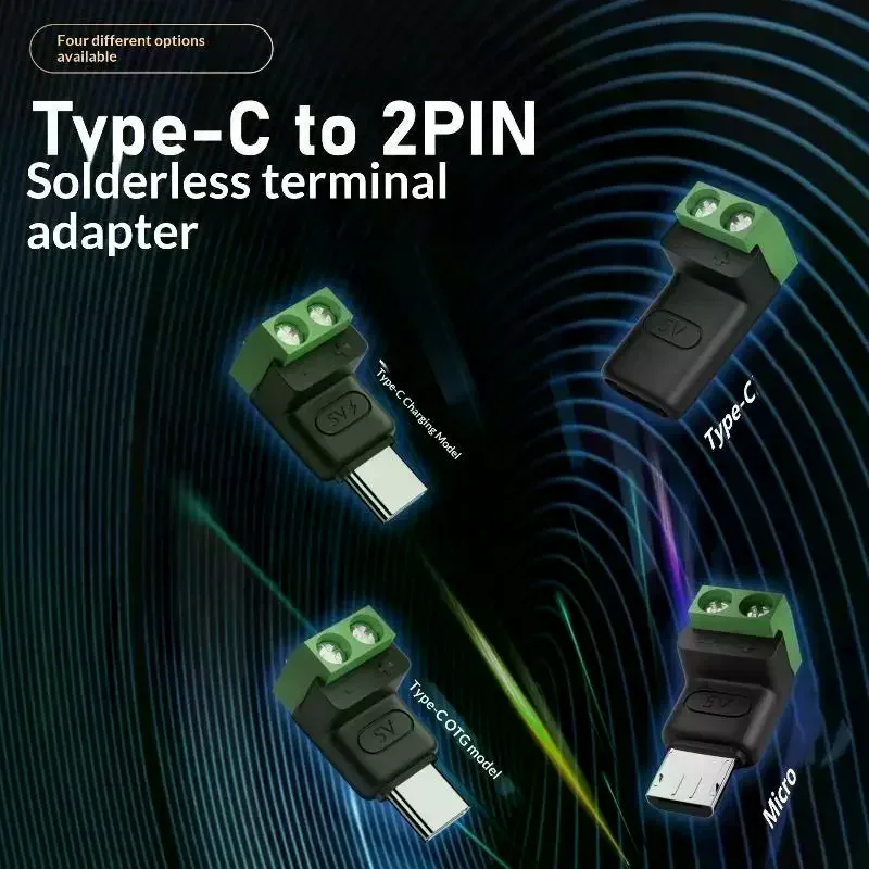 Фото Беспаечный зарядный разъем Type C/Micro Female на 2-контактную клеммную колодку, 5В USB-C, с винтовыми клеммами, беспаечный штекер, OTG-адаптеры №1