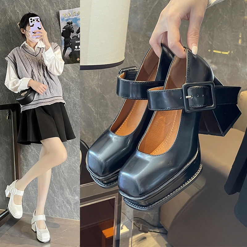 

Platform Stiletto Heels Mary Janes Heels Shoes Women Patent Leather Chunky Square Toe Buckle Goth Women Pumps Heel on Shoes