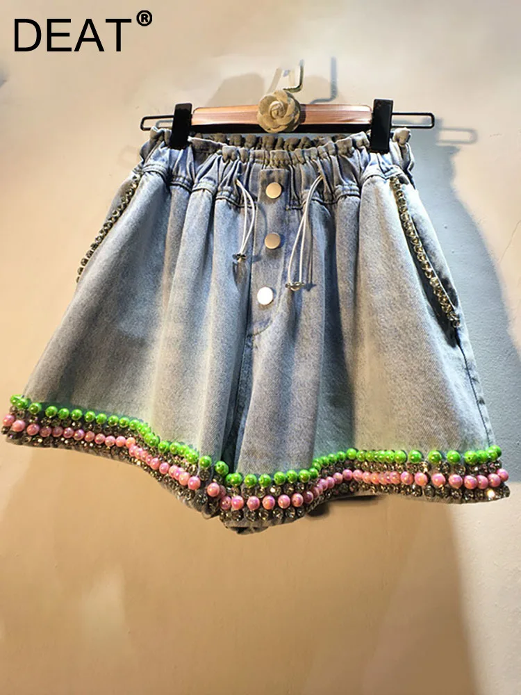 

DEAT Women's Denim Shorts Drawstring Elastic Waist Colorful Pearls Diamonds Wide Leg Short Jeans 2023 Autumn New Fashion 29L1078