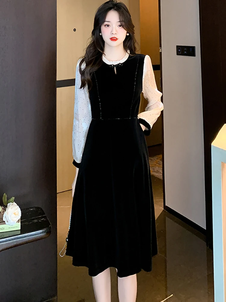 

Autumn Winter Black Velvet Patchwork Long Sleeve Midi Dress 2022 Women Korean Chic Ruffled Collar Luxury Party Evening Vestidos
