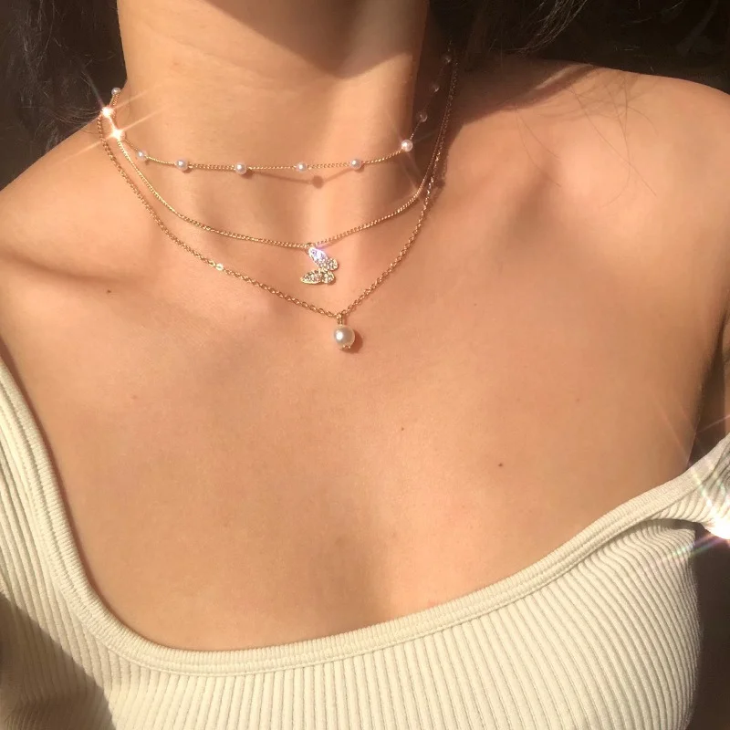 

Trendy Multilayered Butterfly Pearl Necklace for Women Fashion Sun Star Gold Pearl Choker Necklaces Fashion Jewelry Girl