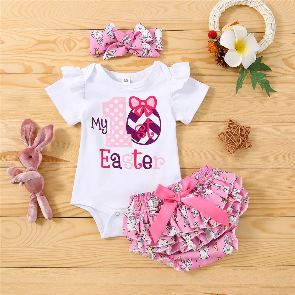 

Baby Girl Easter Clothes Set Letter Bodysuit Romper Rabbit Print Shorts Headband 0-18M Newborn Infant Toddler Festival Outfits