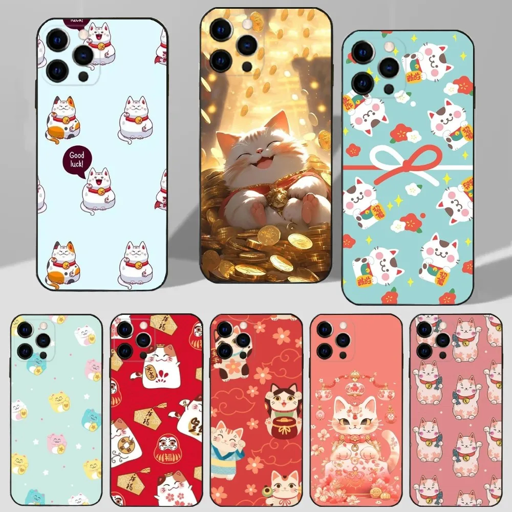 Cartoon Lucky Cat Phone Case For iPhone 16 15 14 13 12 11 Plus Pro Max XS X XR SE Mini 8 7 Soft Silicone Black Cover