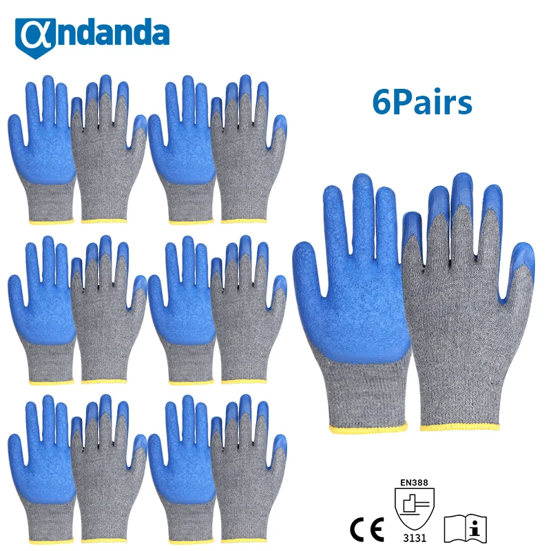 

Andanda 6 Pair Safety Work Latex Gloves, Roving Palm Dipped Latex Gloves for Mechanical Repairing Gardening Protective Gloves
