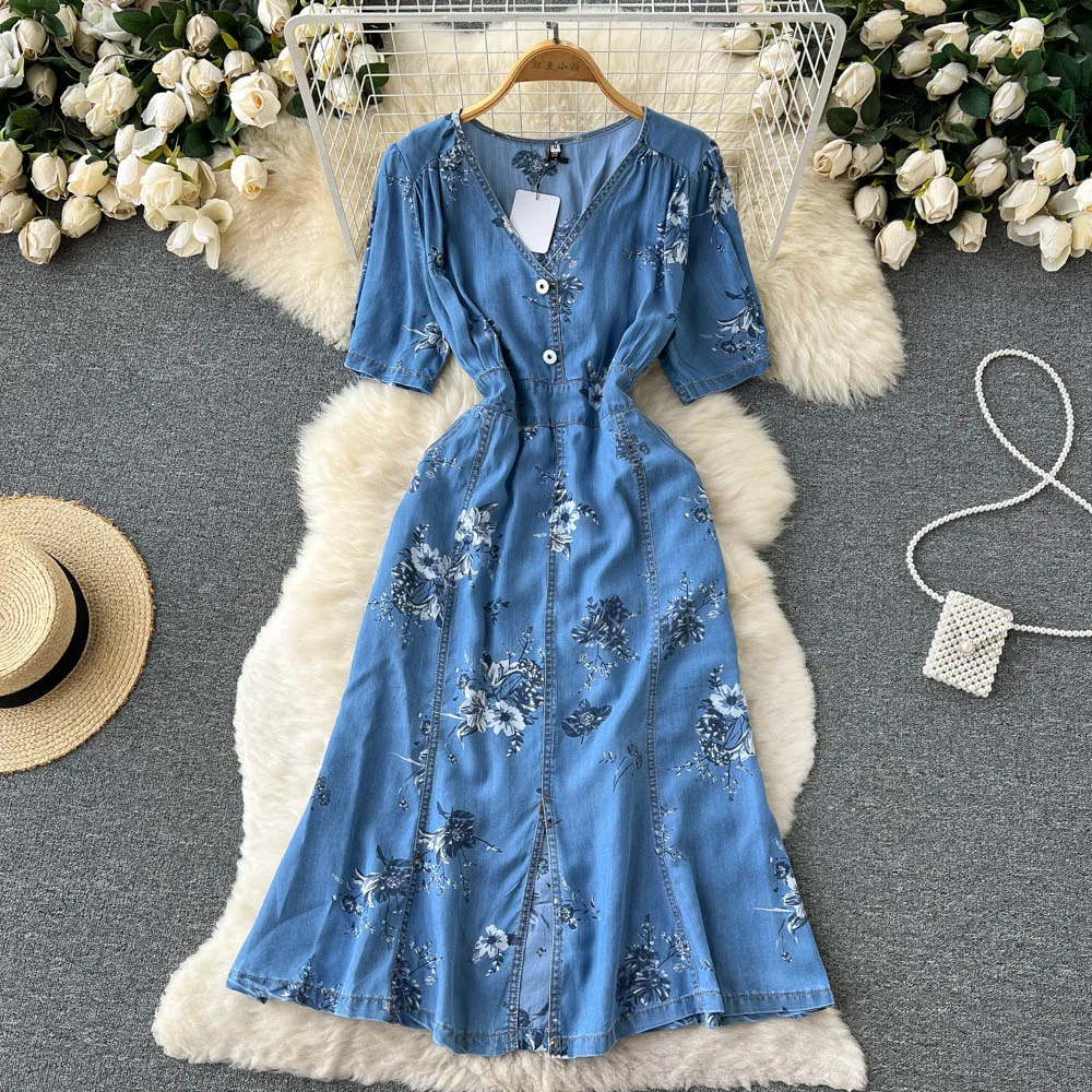 

Light Familiar French Style Niche V-neck Printed Denim Dress Female Summer Waist Slim Elegant Fishtail Long Dress