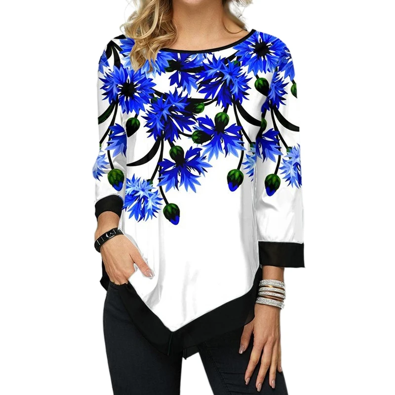 

Summer 3/4 Sleeve Floral Printed Tunic T-Shirts Fashion Women Oversize Irregular Hem Pullovers Tops Elegantes Loose Tee Shirts