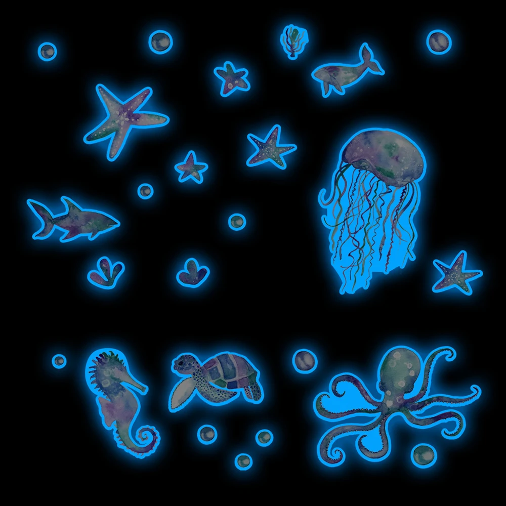 1 Set Blue Green Luminous Wall Stickers Jellyfish Starfish Octopus Luminous Sticker Decal Diy Wallpaper Decals Home Decor Craft images - 6