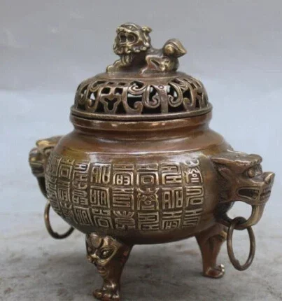 6-дюймовая китайская маркированная бронзовая статуя фэншуй льва дракона зверя