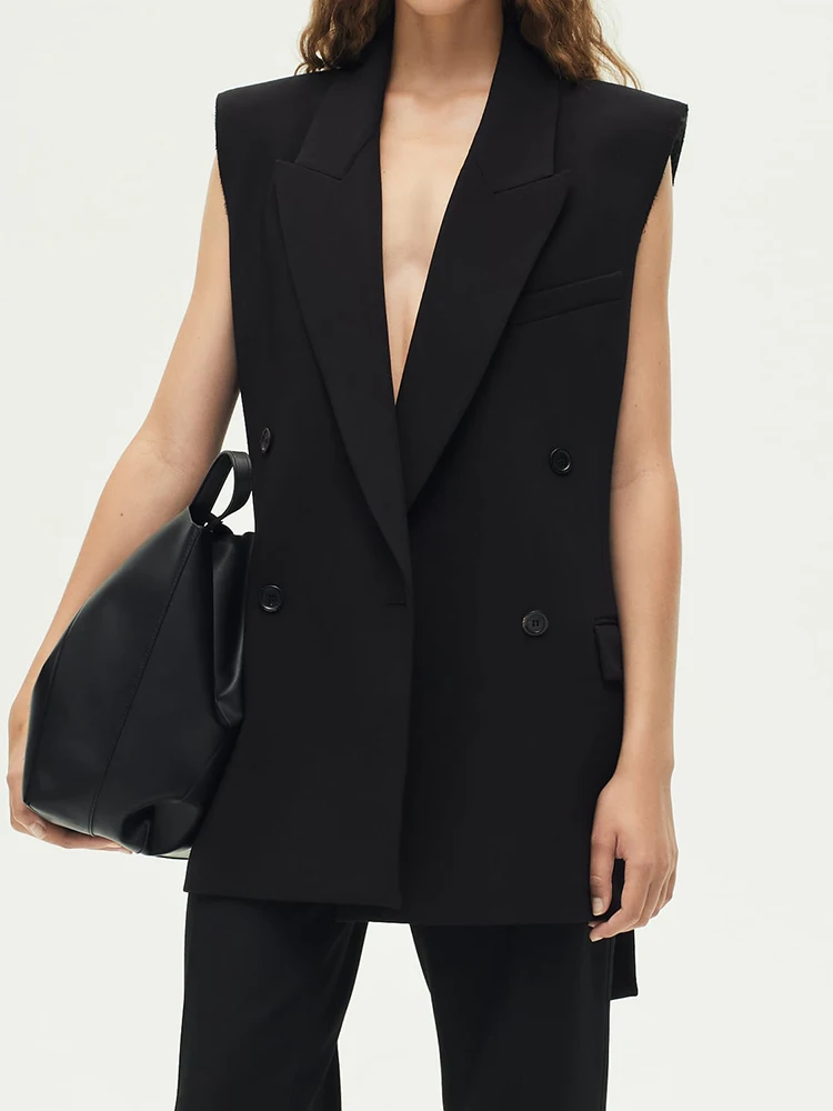 

French Solid Jackets For Women Turn Down Collar Double Breasted With Belt Vest Women's Sleeveless Tops Casual Fashion Waistcoats