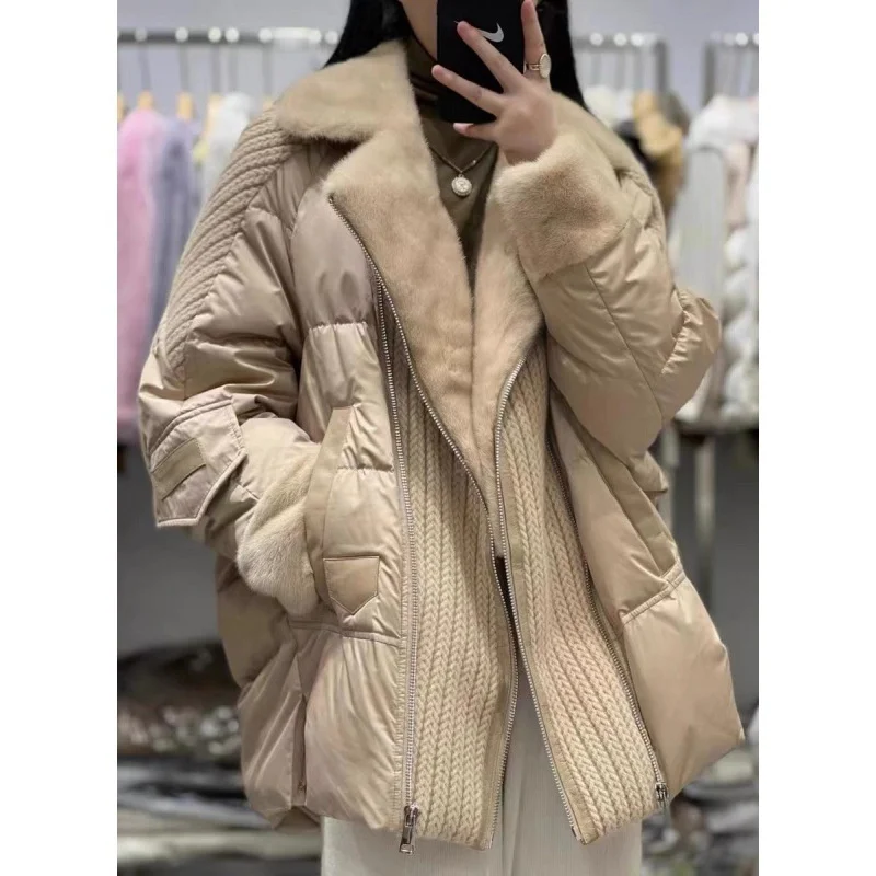 

Winter Thick Warm New Zipper Fake Two Piece Goose Down Jacket Genuine Fur Coat Women High-end Fur Luxury Sheepskin Splicing Mink
