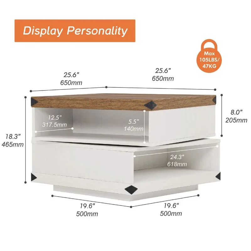 

Vintage Rotating Coffee Table with 2 Open Shelves, White, 25.5"