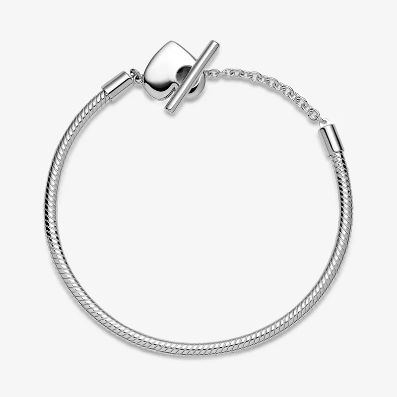 Charms 925 Sterling Solid Silver Bracelet Heart T-Bar Cuff Chain Sparkling Blue Disc Clasp Snake Women Jewelry |