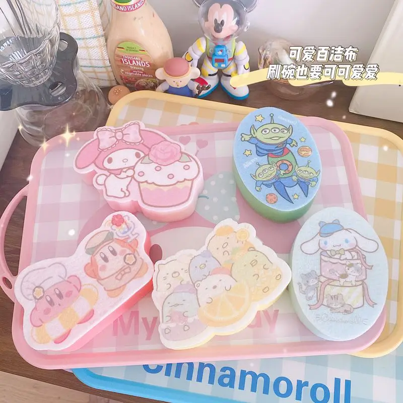 

Anime My Melody Sanrioed Kawaii Plush Scouring Pad Cinnamoroll Star Kirby Alien Cartoon Cute Household Dish Cleaning Sponge Girl