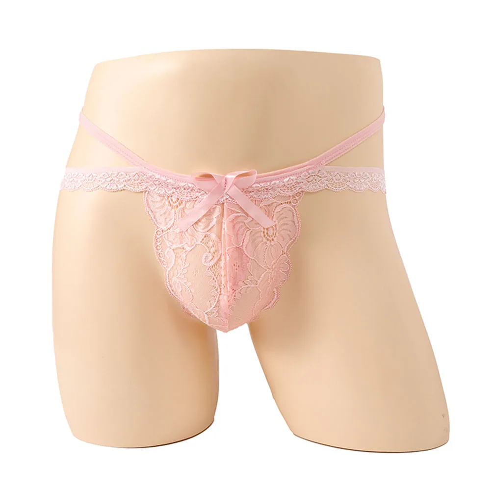 

Men Perspective Lace Pouch Sissy Thong Panties Sexy Breathable Bow G-string Underpants Low Waist Underwear Erotic Lingerie