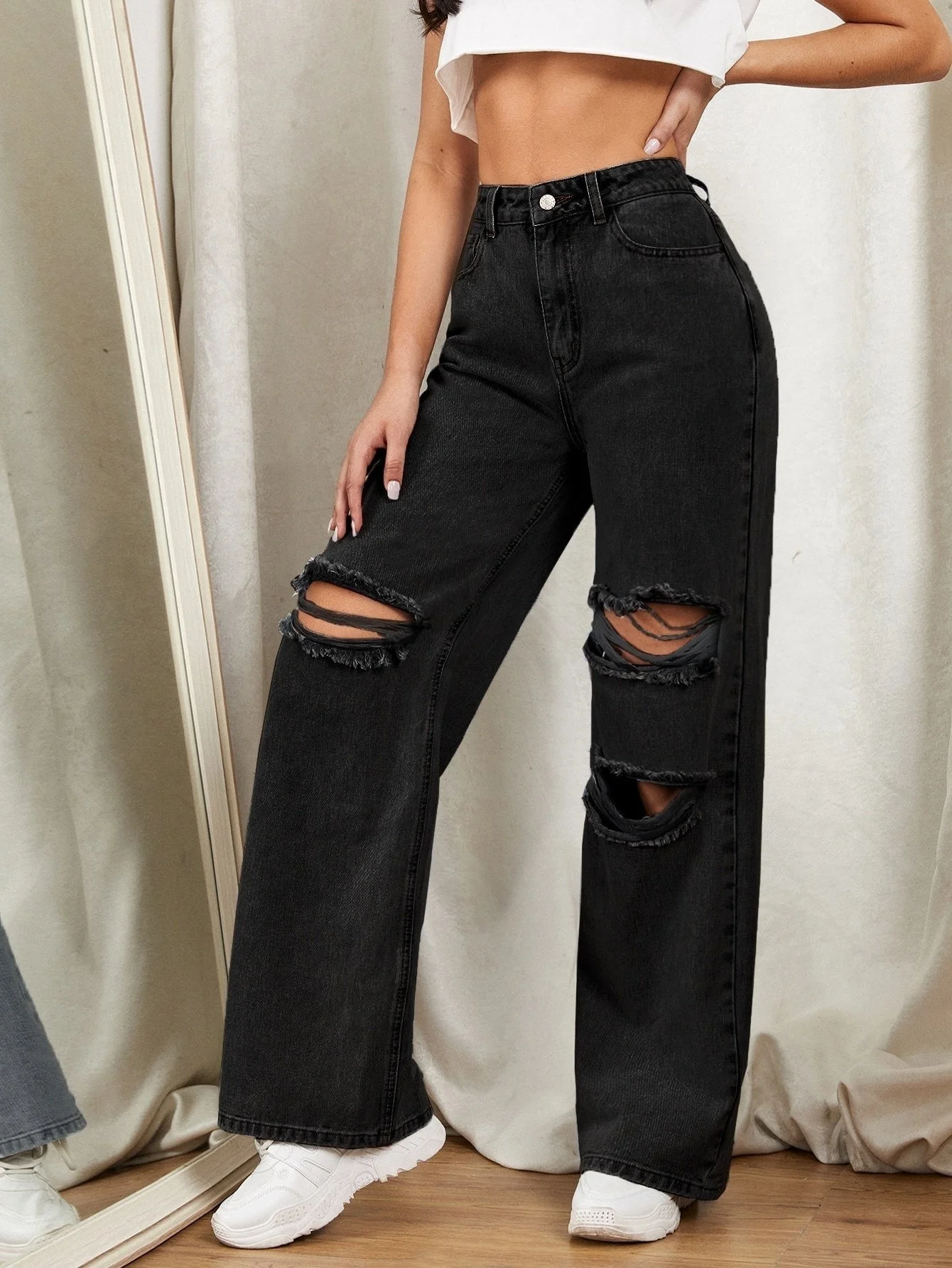 

Hot jeans,2023 DenimColab Hole Washed Wide Leg Pants Jeans Women Loose Boyfriend Jeans 100% Cotton Mom Jeans Casual Trousers Den