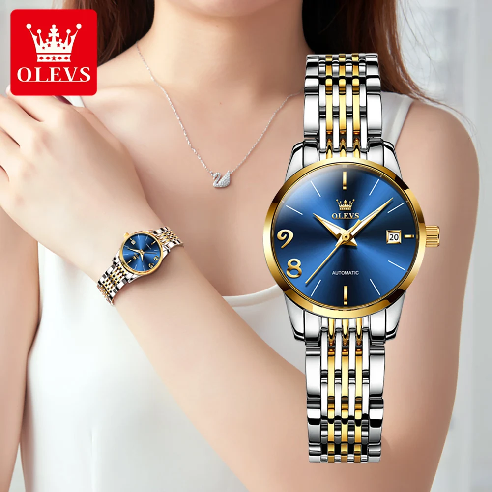 OLEVS Women Automatic Mechanical Wristwatch Week Calendar Display Waterproof Fashion Ladies Watch Stainless Steel Watch Womens enlarge