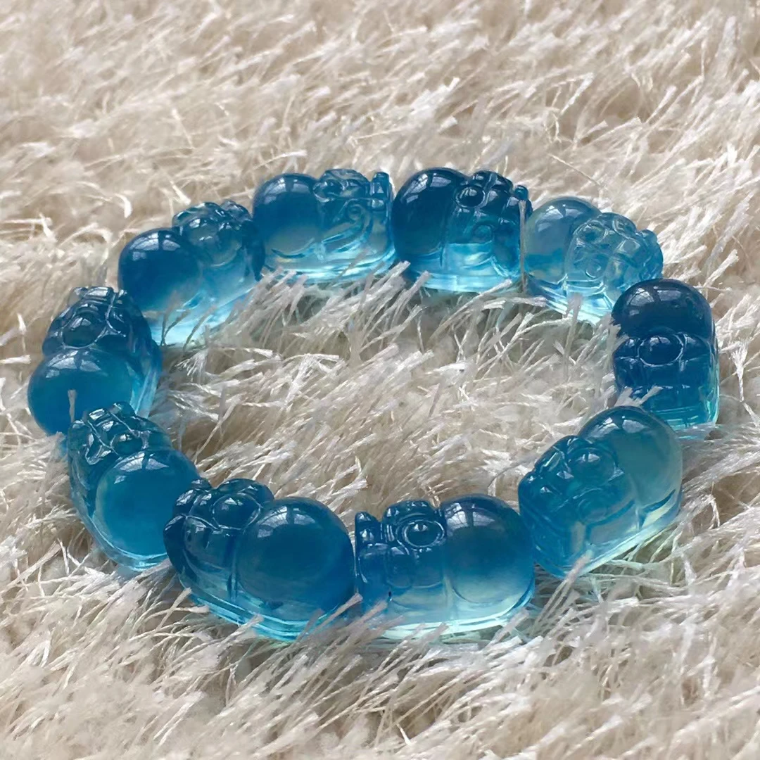 

Natural Blue Aquamarine Clear Pi Xiu Beads Bracelet 14*9*8mm Big Women Men Brazil Stretch Blue Aquamarine Jewelry AAAAA