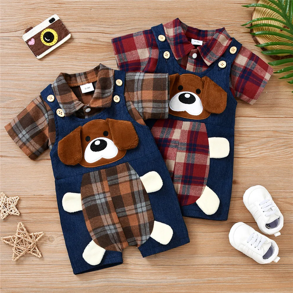 

Baby Boy Cute Clothes Set Plaid Bodysuit Romper Puppy Dog Bib Pants Overalls 0-18M Newborn Infant Toddler Spring Summer Outfits