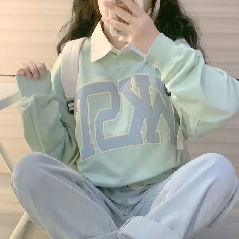

Japanese Sweatshirt Letter Harajuku Women Preppy Style Loose Hip Hop Pullovers Green Sweet Tops Casual Hoodies Y2k Sudaderas