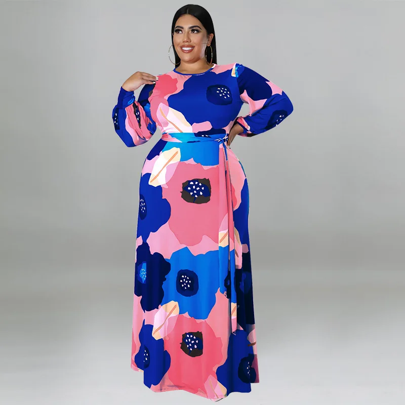 

Plus Size Dresses for Women Loose Long Sleeve Flower Print Big Hem Elegant Maxi Dress Fall Clothes Wholesale Dropshipping