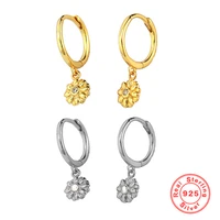 100 925 sterling silver sunflower small hoop earrings for women 8 5mm round circle earrings cute flower earring fine jewelry