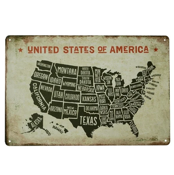 

Tin Sign States of America\ Retro Metal Poster Wall Art Map Flag Sticker Plaque Bar Coffee Tin Sign Plaque