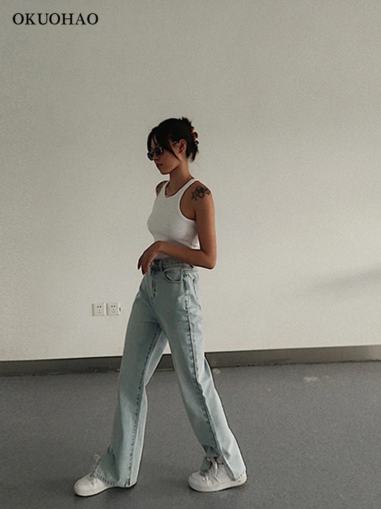 Джинсы-бойфренды Okuohao прямые широкие штаны свободные с высокой талией 2020 |