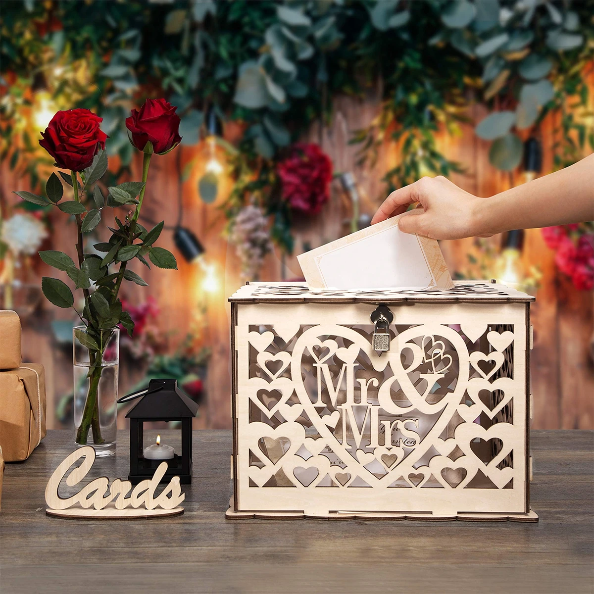 Шкатулка для свадебных открыток вырезанная деревянная с замком Mr & Mrs сделай сам