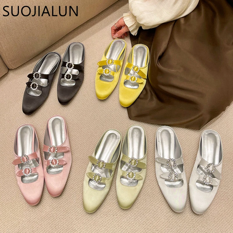 

SUOJIALUN 2022 Summer New Brand Women Slipper Fashion Crystal Buckle Shallow Slip On Ladies Mules Shoes Flat Heel Casual Slides