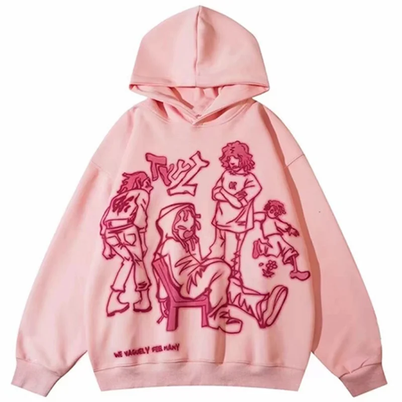 

Cartoon Graphic Print Hoodies Women Men Y2K Streetwear Harajuku Long Sleeve Pink Hooded Sweatshirt Vintage Casual Loose Hoodie