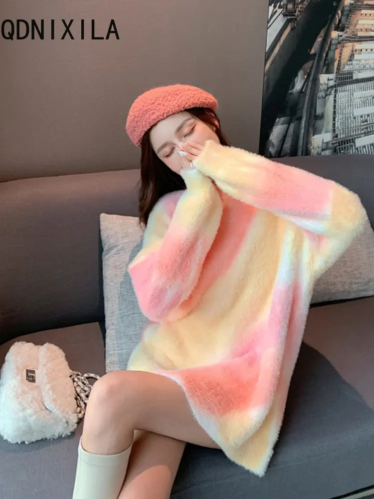 

New In Spring Autumn of 2022 Tie Dyed Mink-like Mao Mao Clothes Were Used for Women's Long Tapered Loose Knit Long Sleeve Top