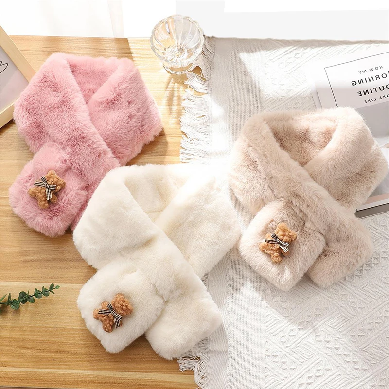 

Korean Cute Bow Bear Faux Rabbit Fur Collar Cross Plush Scarf Women's Winter Outdoor Thicken Neck Protection Warm Shawl V89