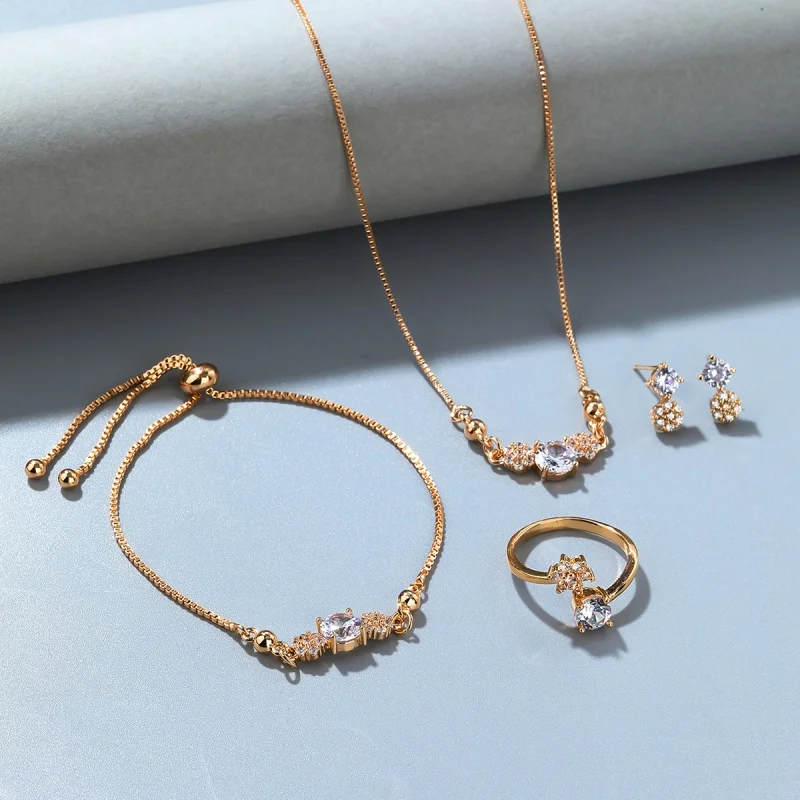 

selead Design Fashion Champagne Gold Zircon Jewelry Set Live Ring Earrings Necklace Adjustable Bracelet Gold Plated Fashion