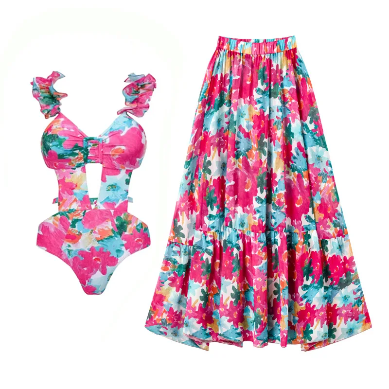 

Women Swimsuits Colorful Floral Curved Design Vacation Swimsuit Set Paired with a Sun Protection Cover-Up, Lightweight and Sexy