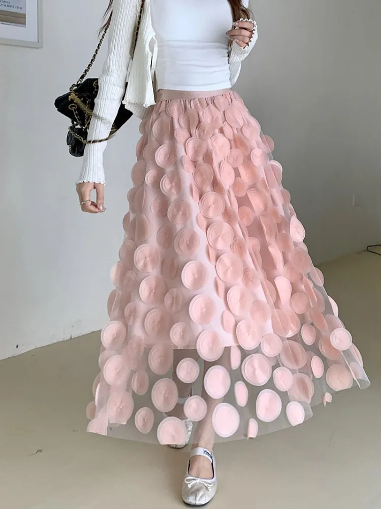 Женская винтажная юбка в горошек элегантная сетчатая бежевого и розового цвета с