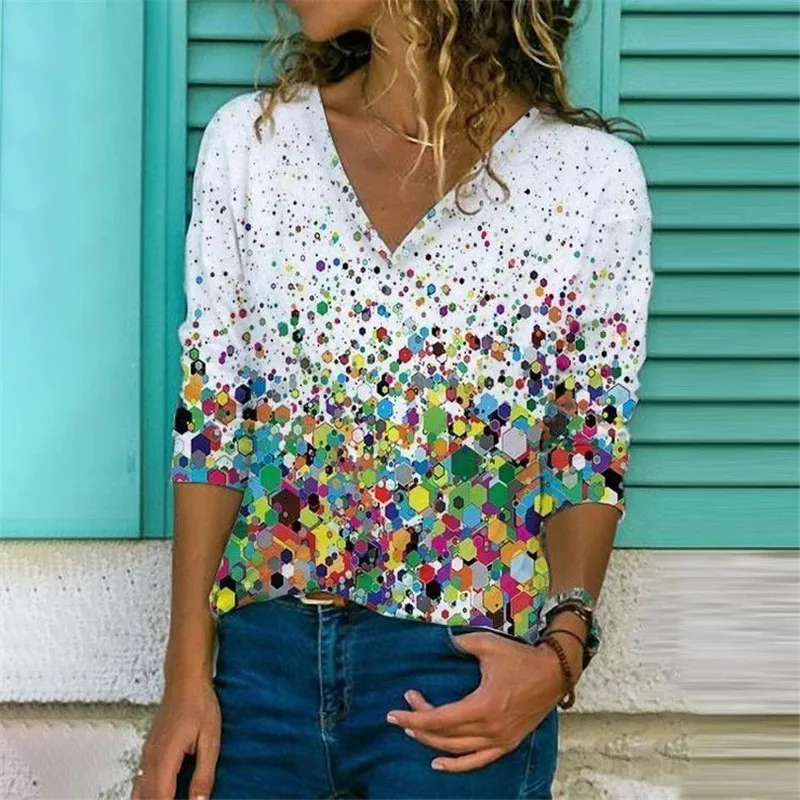 

3D Geometry Print T-shirt Women 2022 V-Neck Long Sleeve Loose Casual Tops Plus Size Streetwear