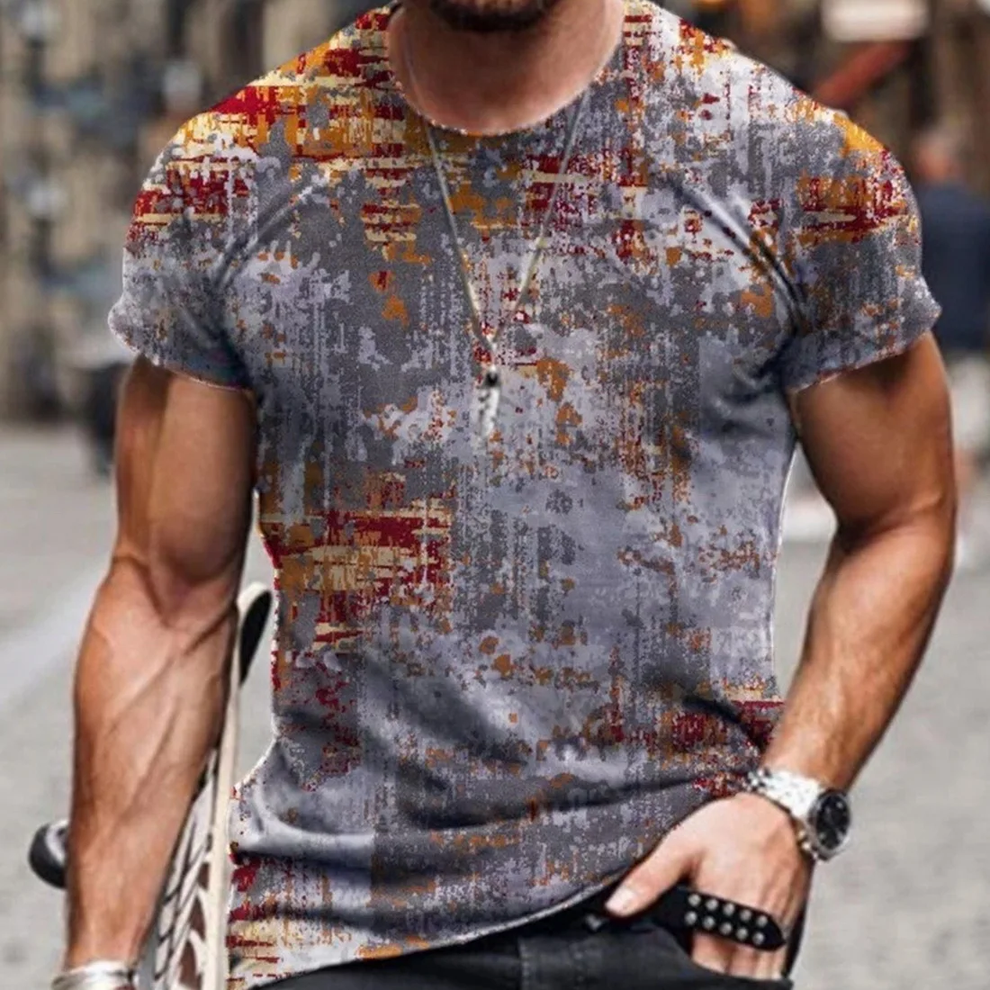 

Colorful Mix And Match Pattern Men's T-shirt Fun Creative Top Summer Casual Fashion Glamour Print Round Neck Short Sleeve