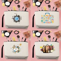 fashion single product woman makeup organizer bag canvas country travel pattern printed cord zipper beige coin purse pencil case