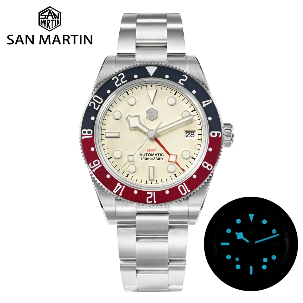 

San Martin 2023 New NH34 GMT Men Luxury Automatic Mechanical Watch Bidirectional Aluminum Bezel Sapphire 100M Waterproof Date